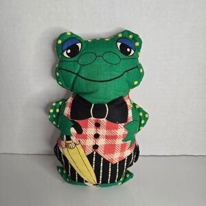 Handmade Frog Dapper Plush Stuffed Animal Fabric Pattern Pillow Stuffed Toad Vtg